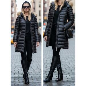 KATE SPADE COAT XS BLACK TAN FUR HOODED MINIMALIST PUFFER DOWN FEATHER PREPPY